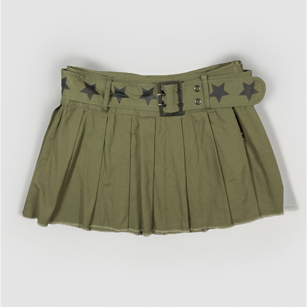 NWT Social Collision Pleated Mini Skirt SM Olive Star Belt Low Rise Y2K